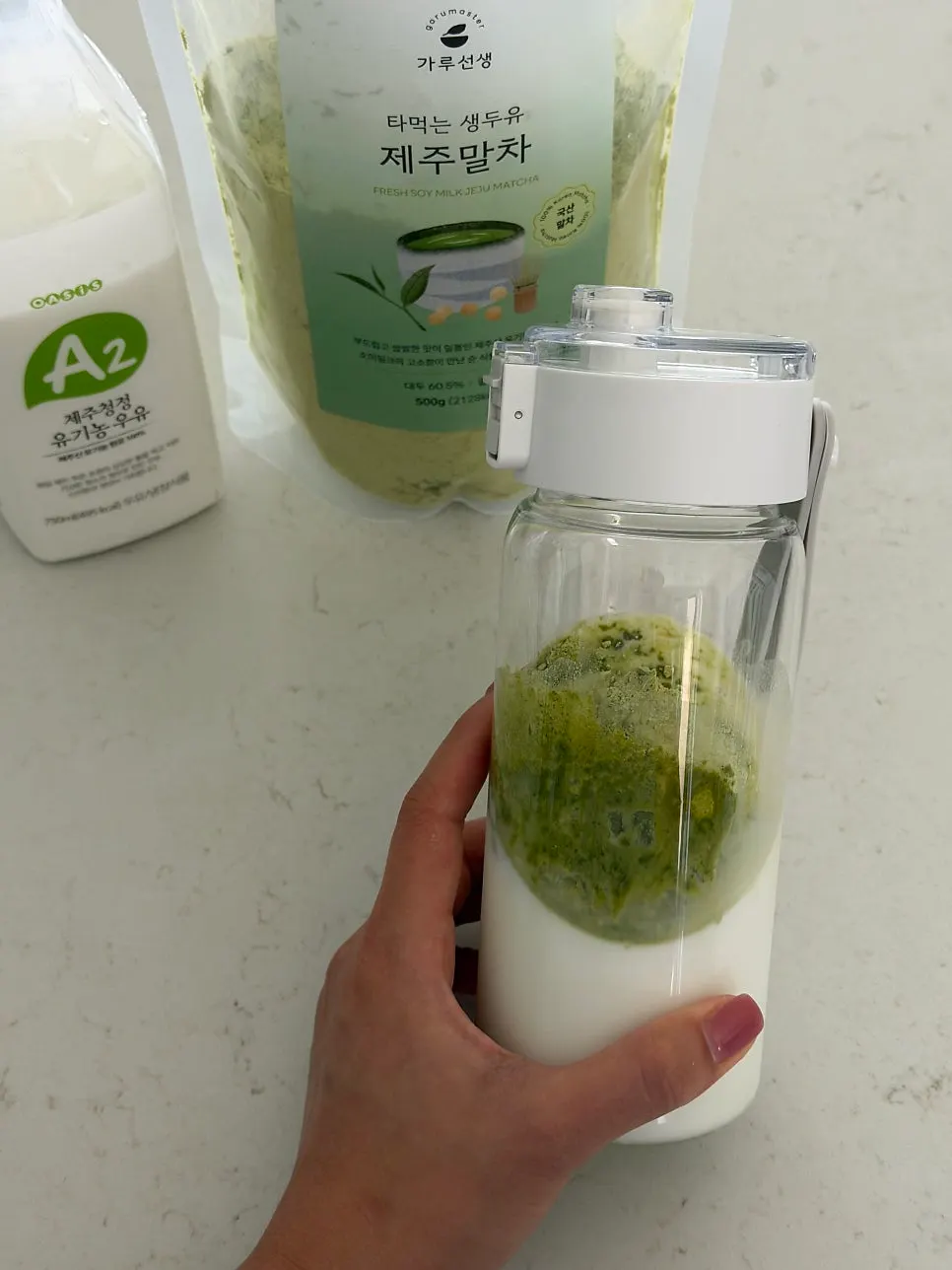 Matcha soy milk made light and clean with water