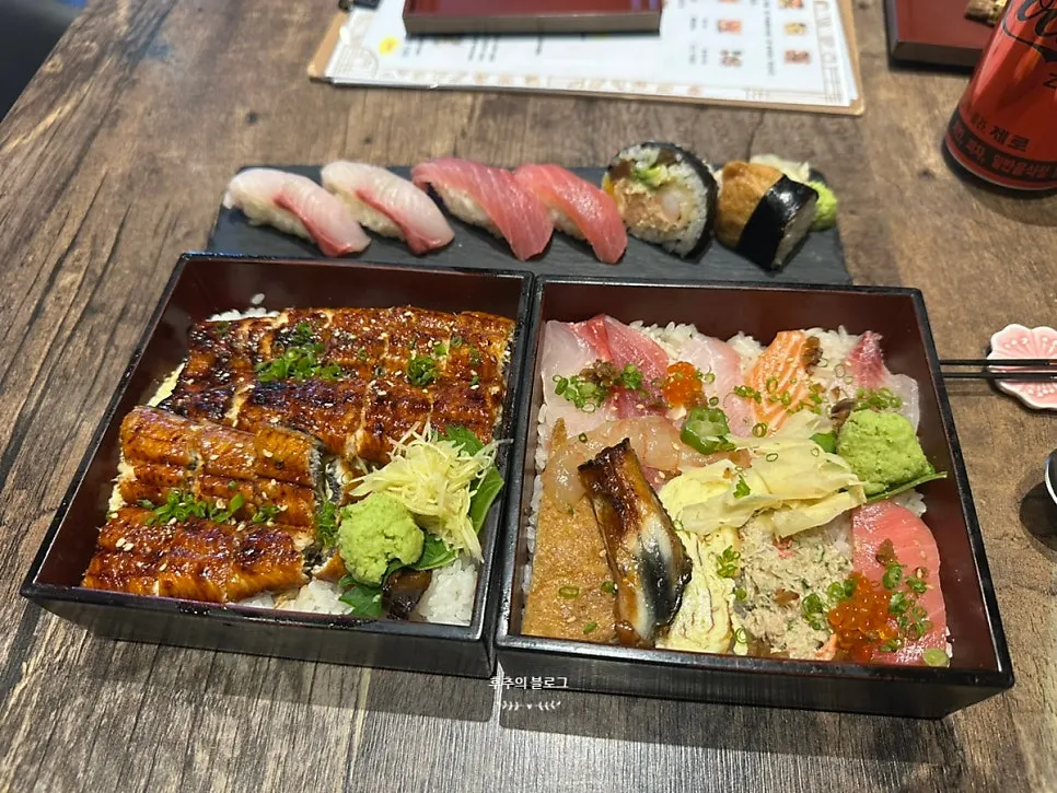 Unagidong, kaisendon, and 6 pieces of sushi laid out together
