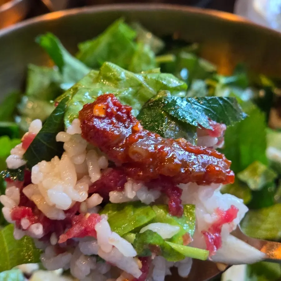 Side dishes of kimchi, salad, and nakji jeotgal