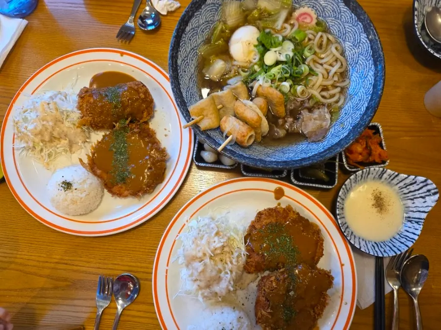 Half-and-half tonkatsu, old-school tonkatsu, and skewered fish cake udon on the table