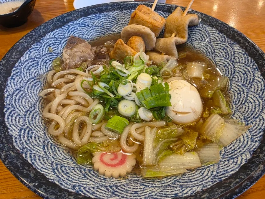 A bowl of Gatjidong's skewered fish cake udon