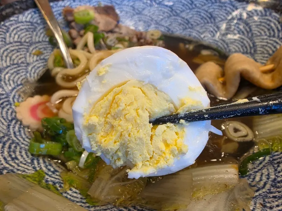 Close-up of the warm udon broth