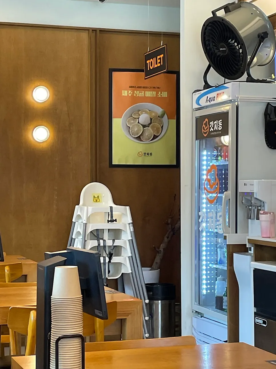 Restaurant space with separate restrooms and baby chairs