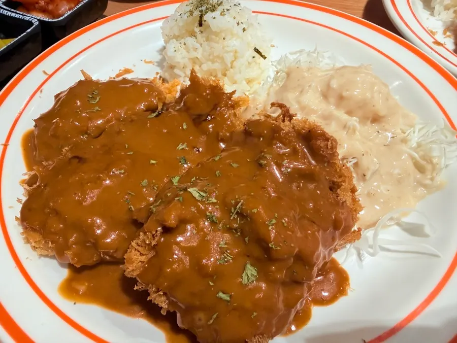 Full spread of the signature half-and-half pork cutlet
