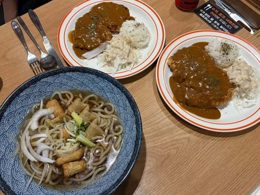 Dinner table set with pork cutlet and udon together