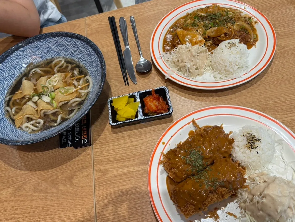 Cheese pork cutlet, onion pork cutlet, and fish cake skewer udon table spread