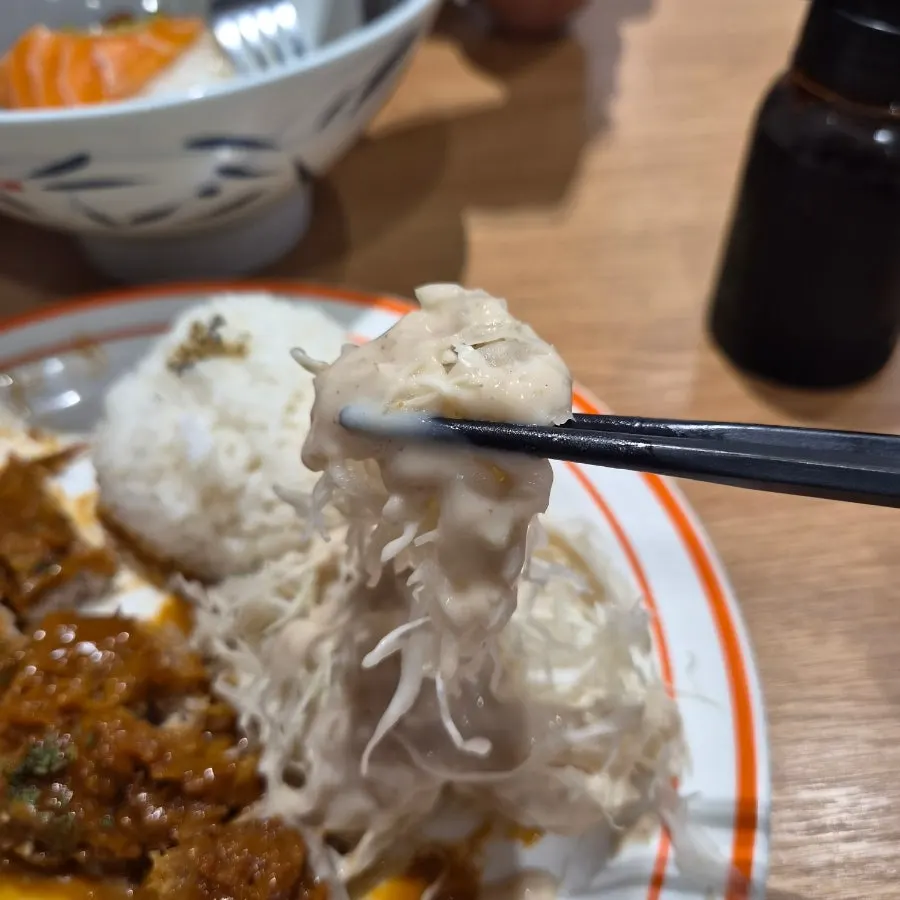 Full pork cutlet meal with salad and rice
