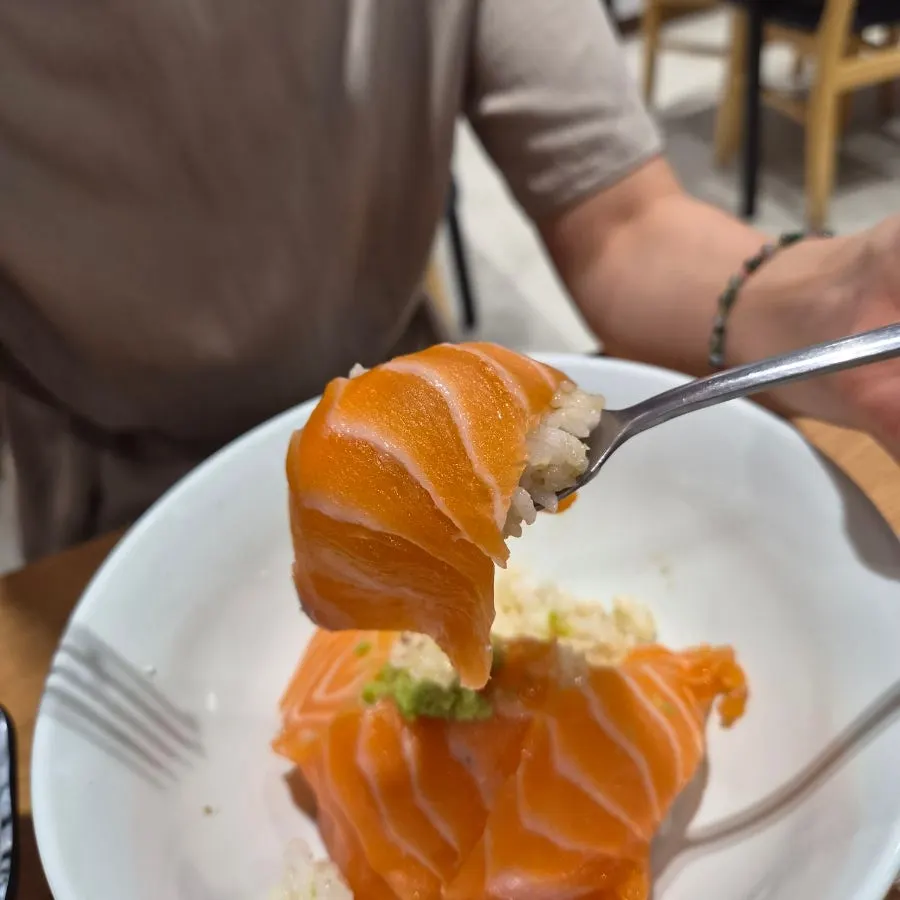 Daily-prepared salmon rice bowl with salmon arranged around the bowl