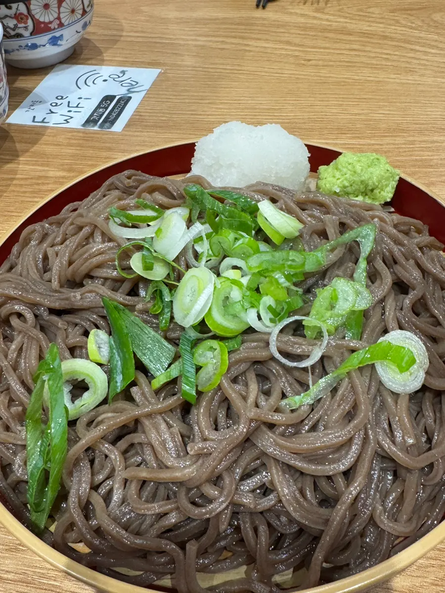 Soba broth and green onion garnish