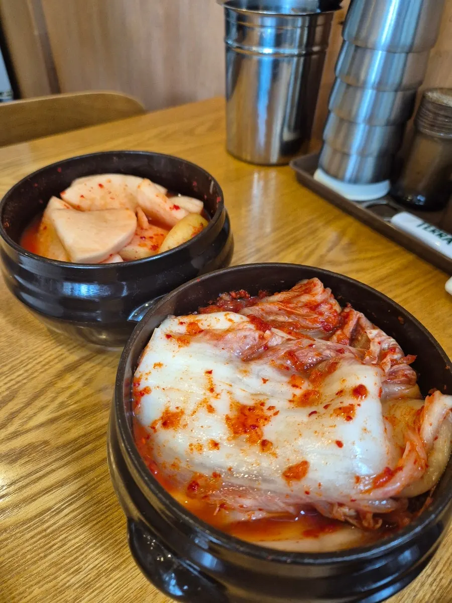 Basic side dishes including kkakdugi and napa cabbage kimchi