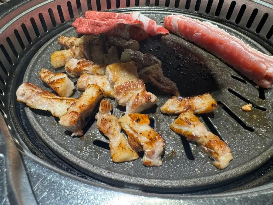 Meat browning golden on the grill