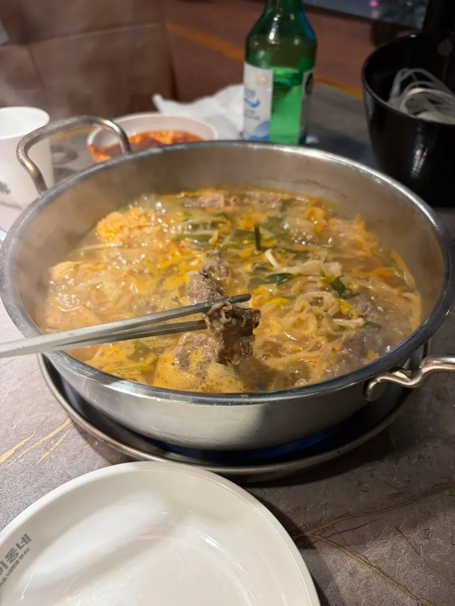 Plate of shabu-shabu meat and vegetables scooped from the pot