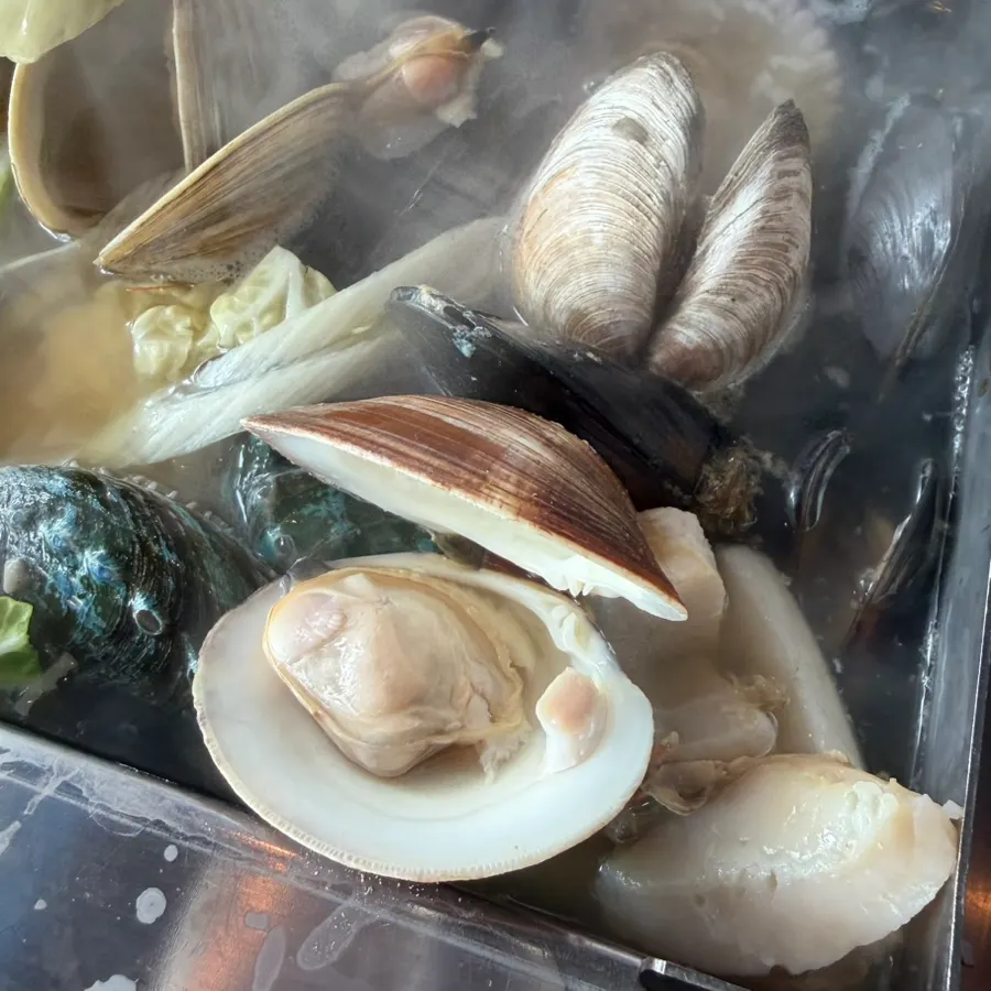 Cooked steamed clams with abalone, mussels, scallops, and razor clams