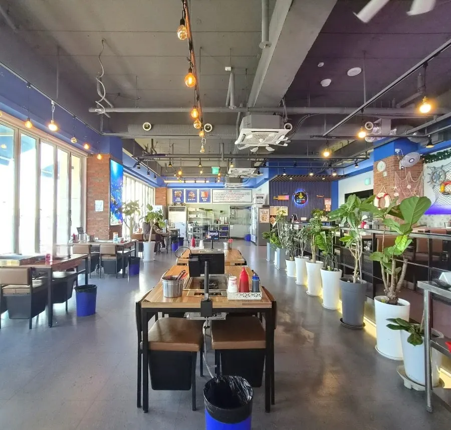 Self-service corner with beach-inspired decor
