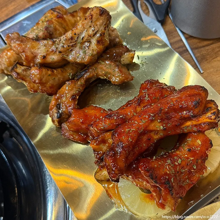 Three servings of wanbeol pork ribs, half soy sauce and half spicy