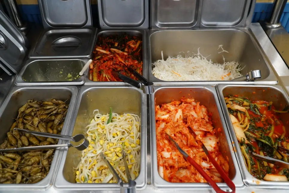Self-serve barley rice corner with yeolmu kimchi and sauce