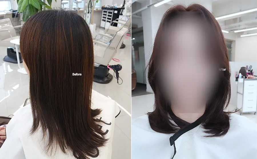 Full before-and-after shot of the color and layered cut