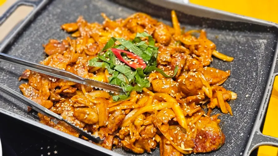 A plate of the spicy pork stir-fry we ordered