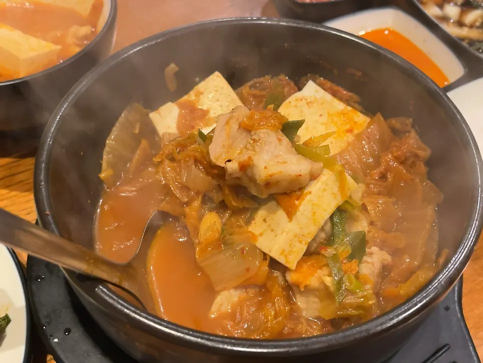 A pot of pork-packed kimchi jjigae