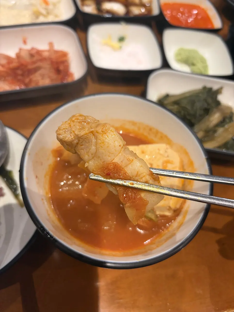 Close-up of the pork-loaded kimchi jjigae