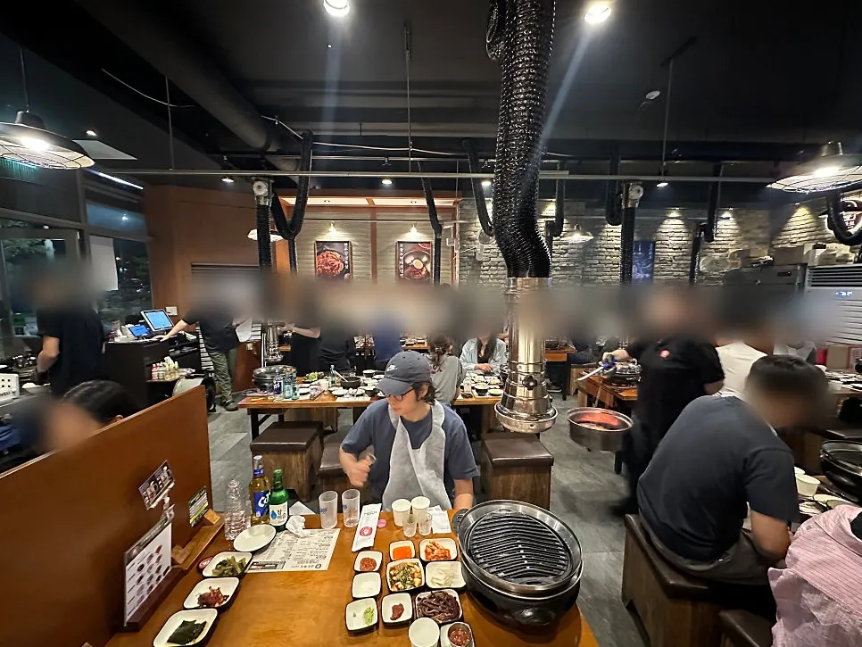Wood-tone and black interior of the restaurant