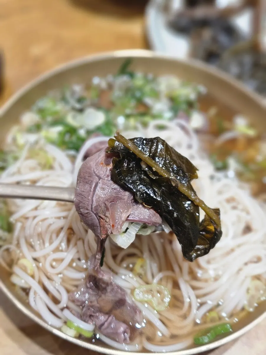Chopsticks lifting a strand of rice noodles