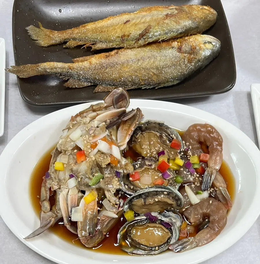 Grilled yellow croaker with soy crab, abalone jang, and shrimp jang