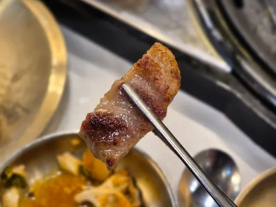 A piece of charcoal-grilled meat with sauce and side dishes
