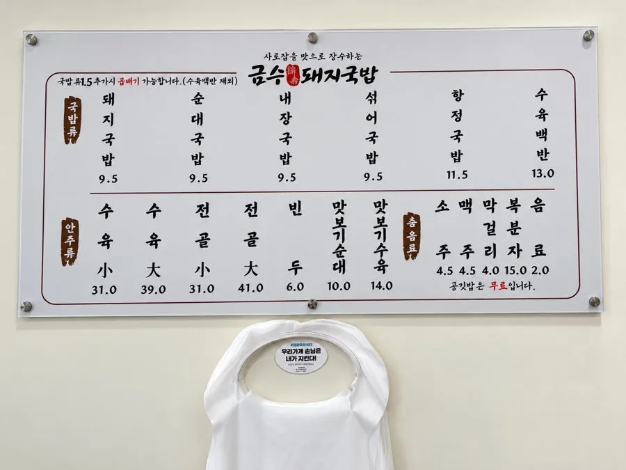 Menu board listing offal soup, mixed soup, and boiled pork