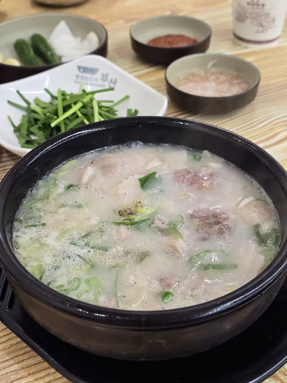 Blood sausage soup with meat and sundae together
