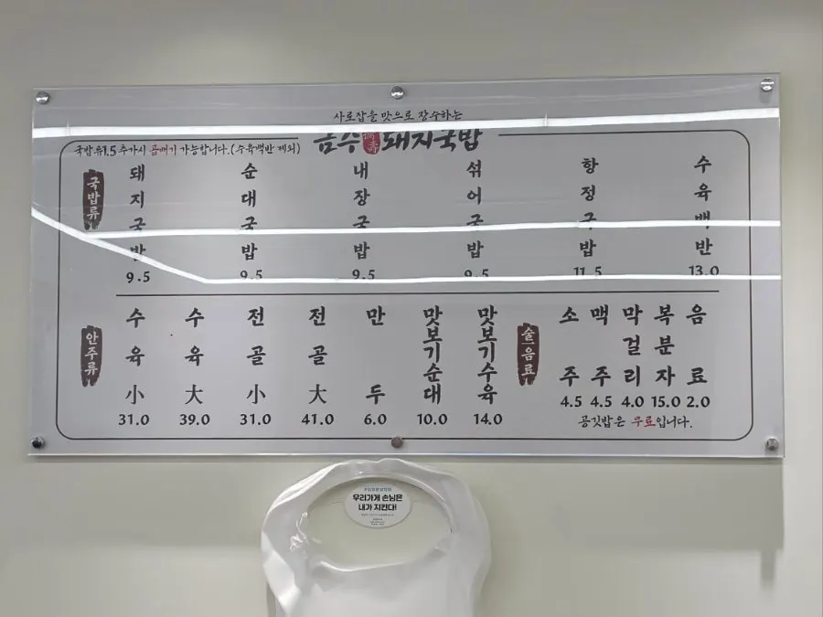 Menu board listing gukbap, boiled pork, and hot pot dishes at Geumsu Dwaeji Gukbap