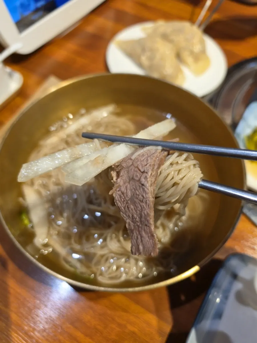 메밀면을 들어올린 평양냉면 클로즈업