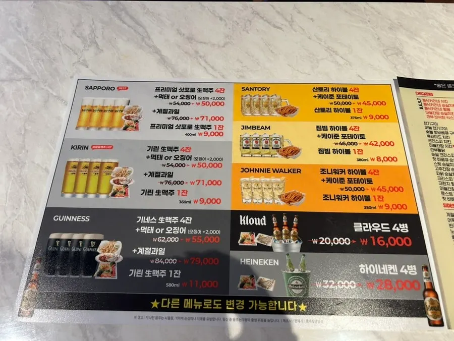 Chicken menu board at Kkanbu Chicken Nambu Terminal Branch