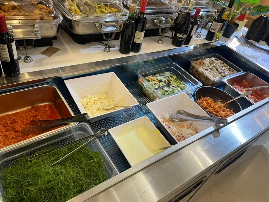 Self-service bar food before the snow crab meal