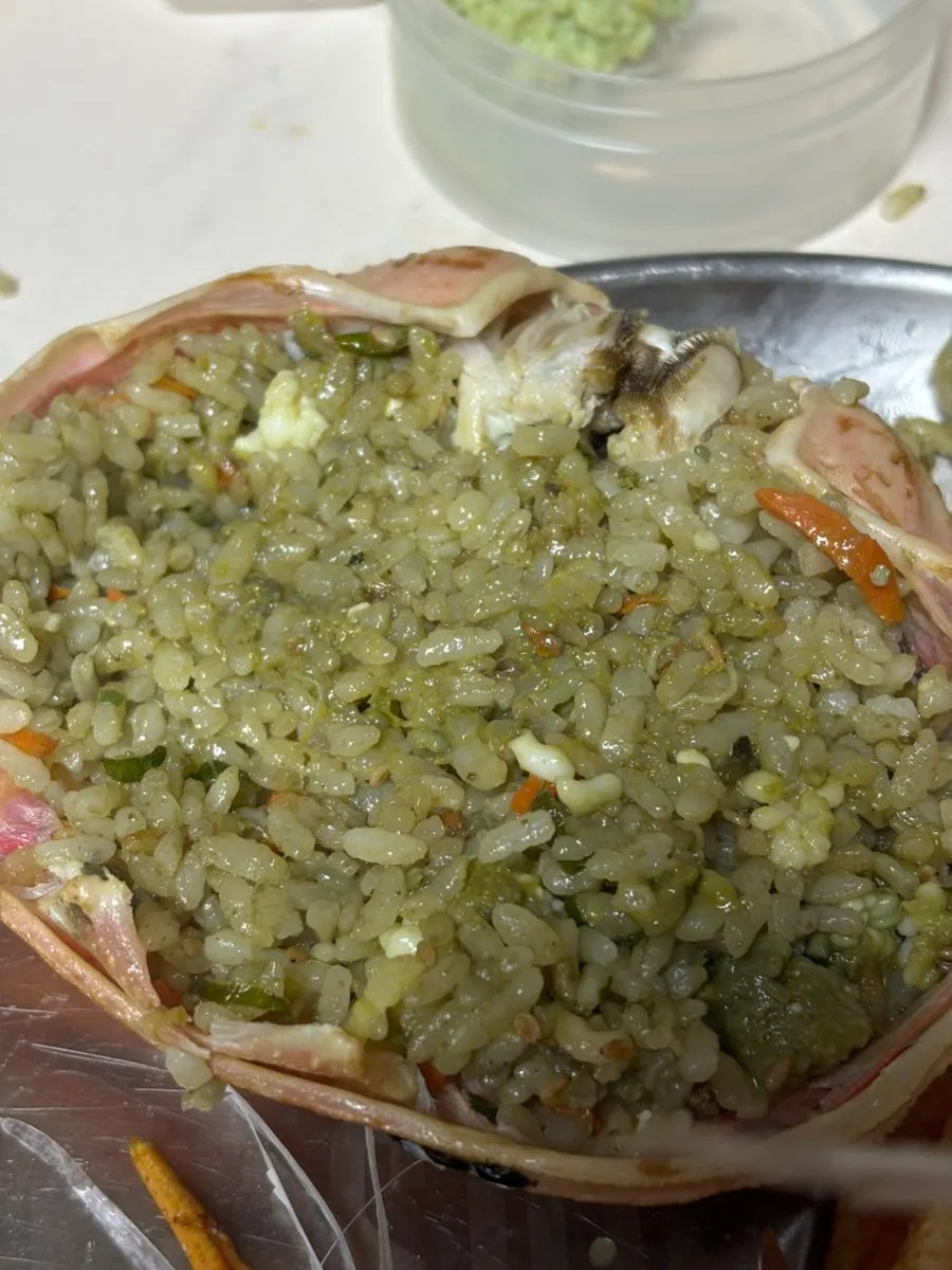 Crab-shell fried rice and tomalley
