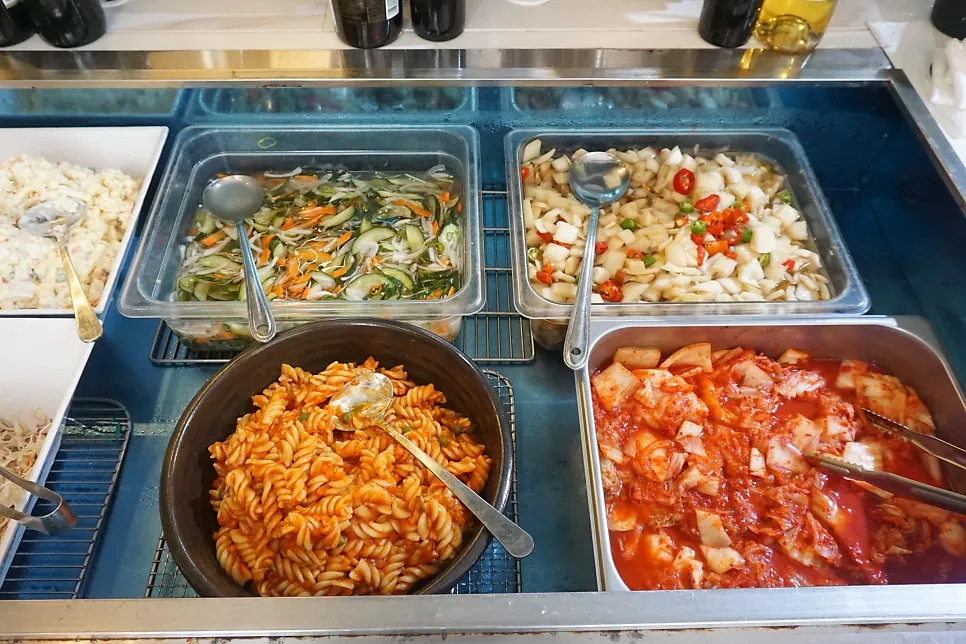 Kimchi and pickled side dishes on the salad bar