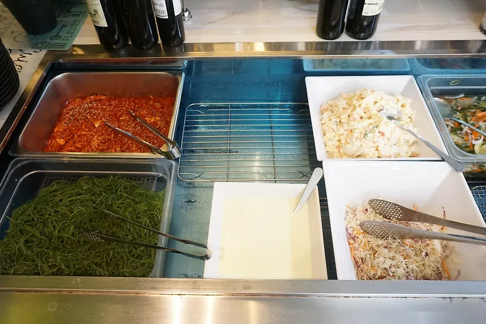 Fusilli pasta, glass noodle salad, and crab meat salad