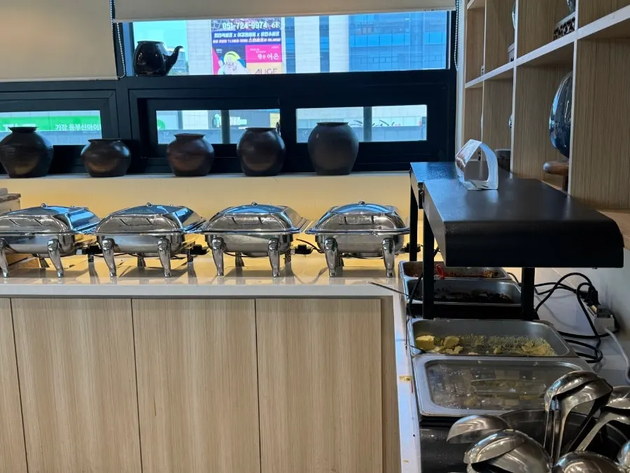 Bowls of banchan at the self-serve corner