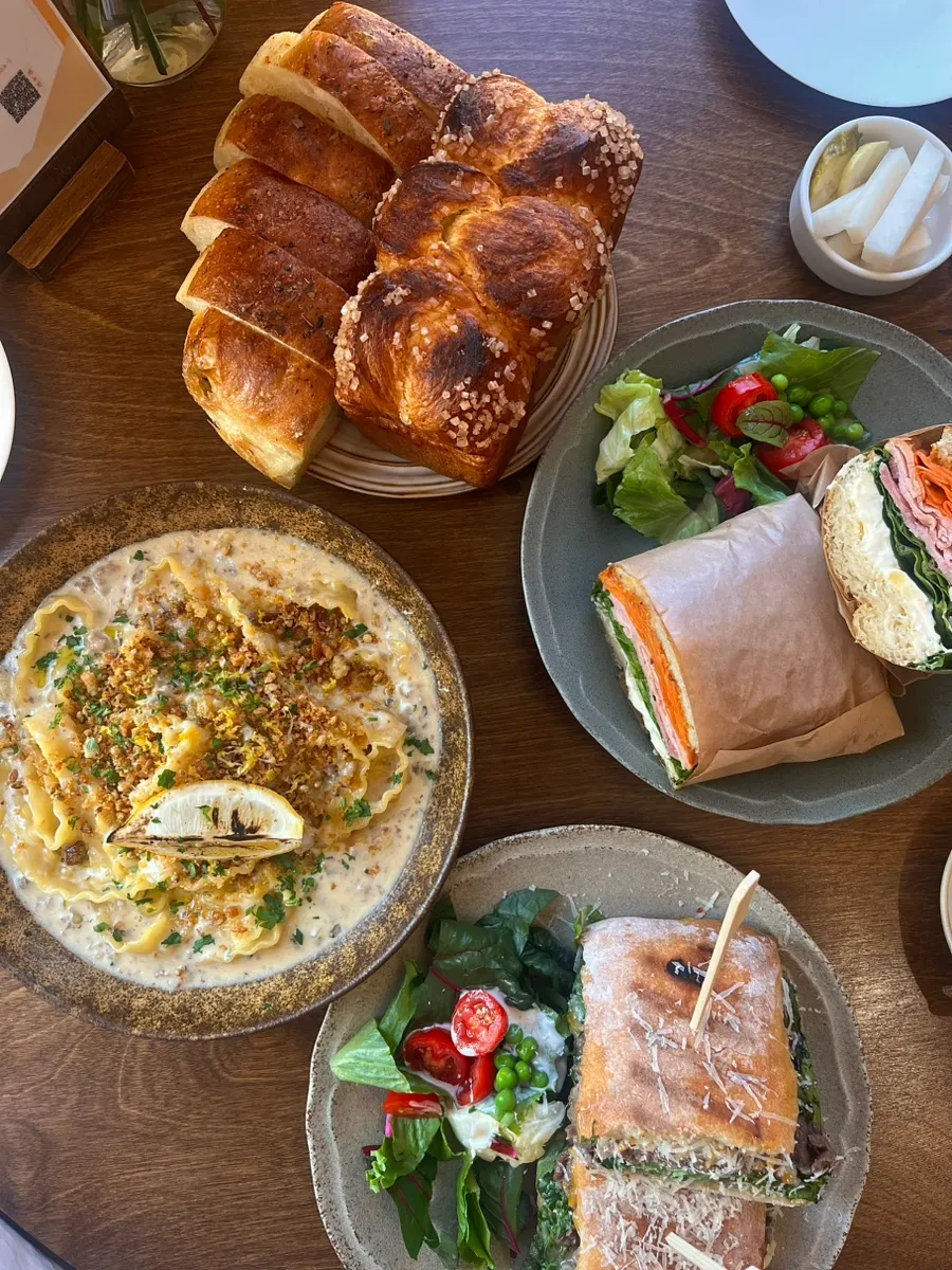 Ordered pasta, panini, sandwich, and bread