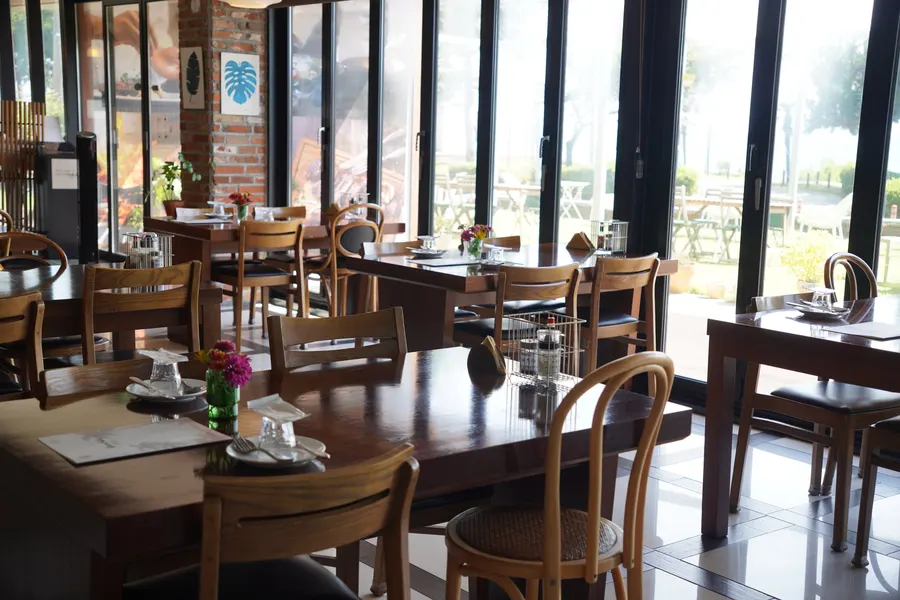 Outdoor terrace seating, not in use at the time