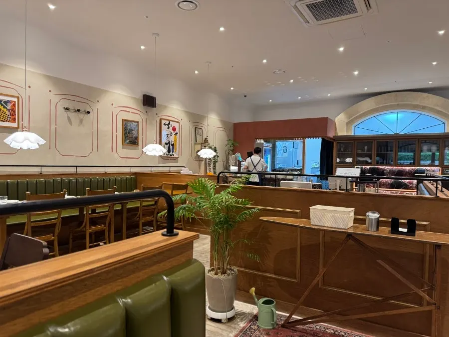Restaurant seating with generous table spacing