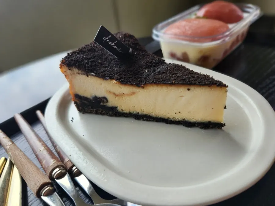 A slice of the seasonal white peach tiramisu