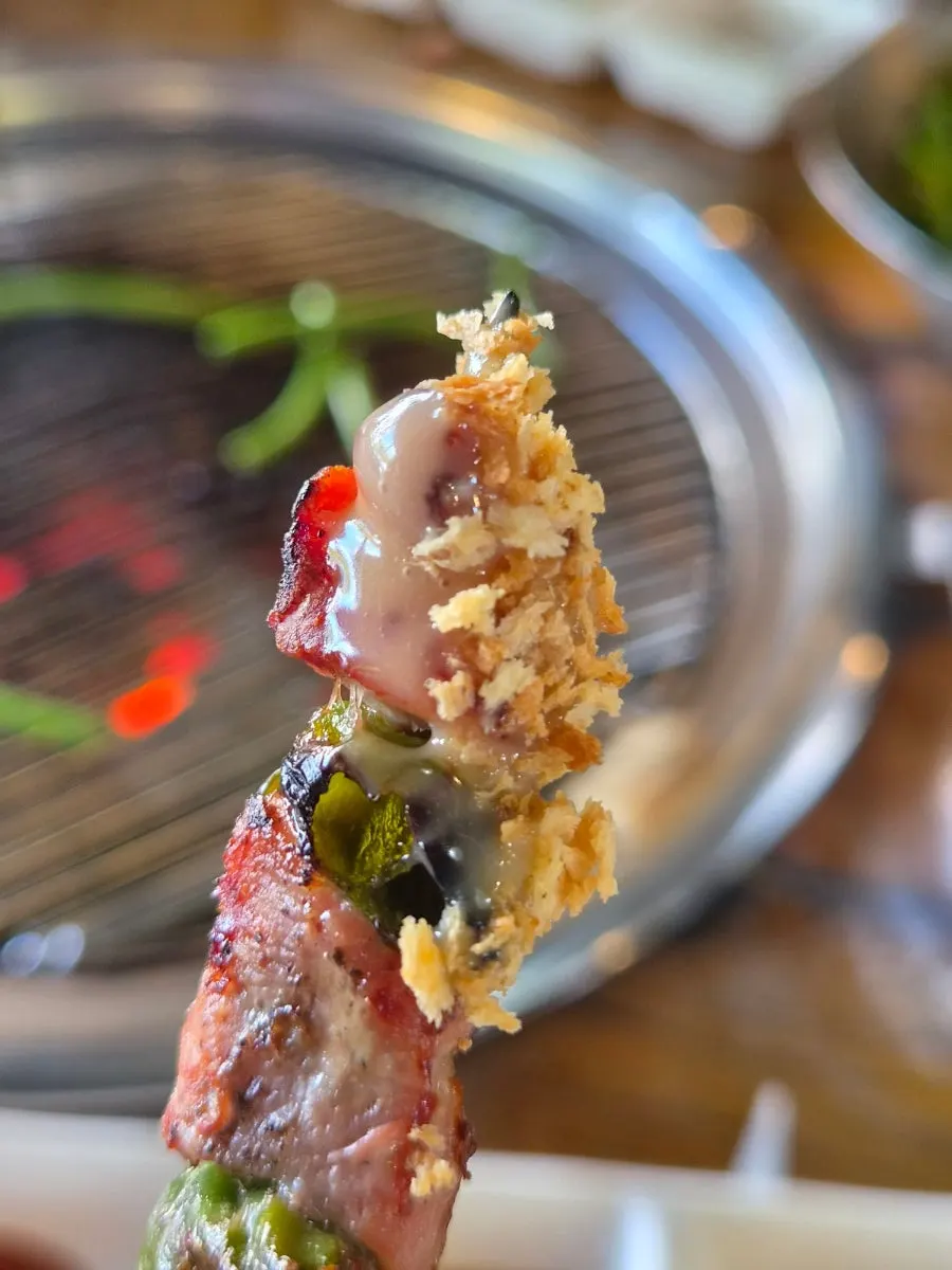 Close-up of a handmade skewer with vegetables