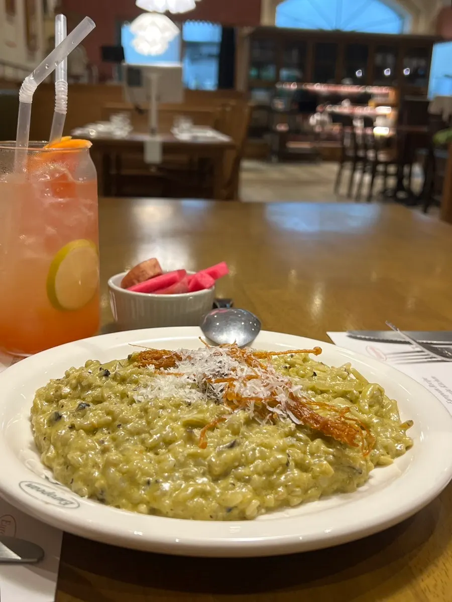 Close-up of the rich abalone-innard cream sauce risotto