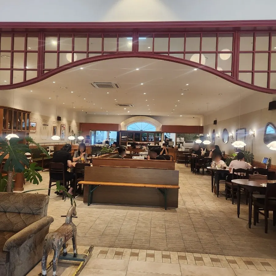 Interior of Bueokgan with wooden tables and chairs