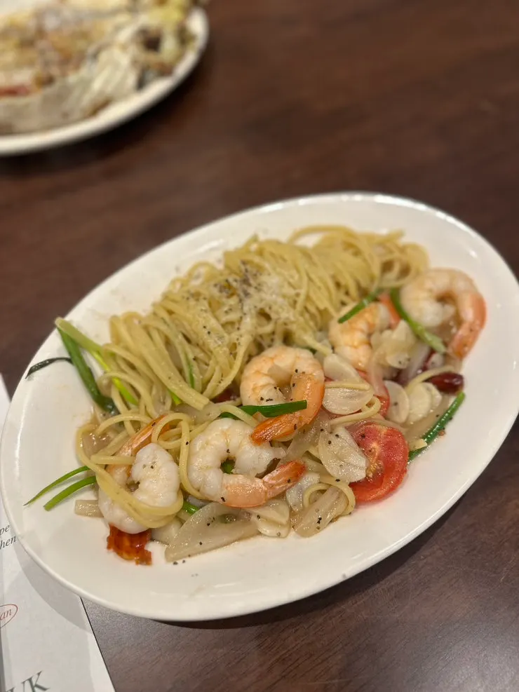 A plate of shrimp anchovy oil pasta