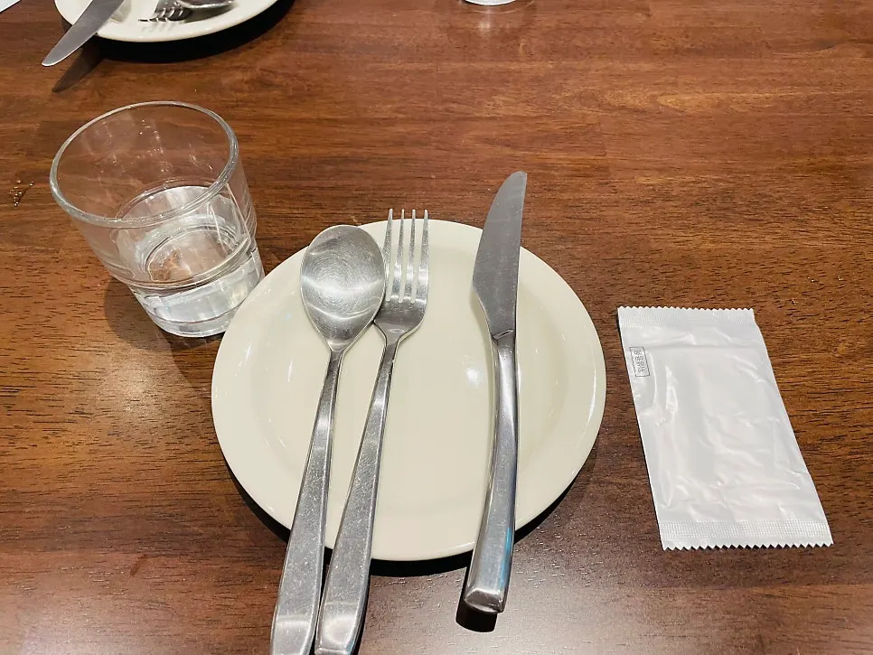 Basic table setting with water, small plate, fork, and knife