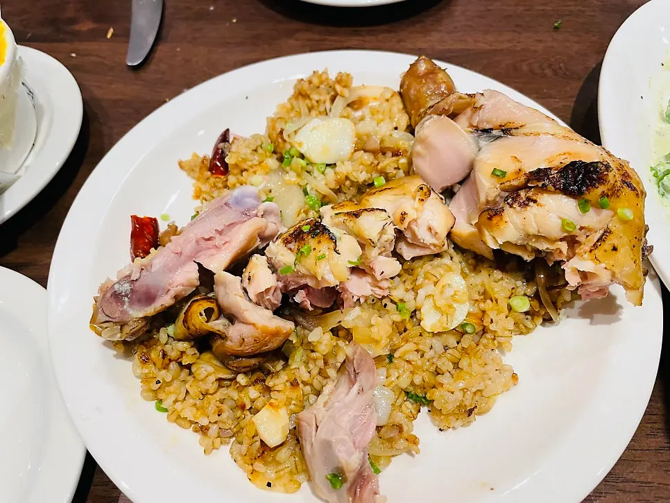 Picked chicken meat with slightly spicy pilaf
