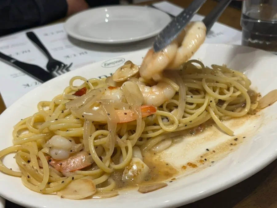Shrimp anchovy oil pasta topped with shrimp
