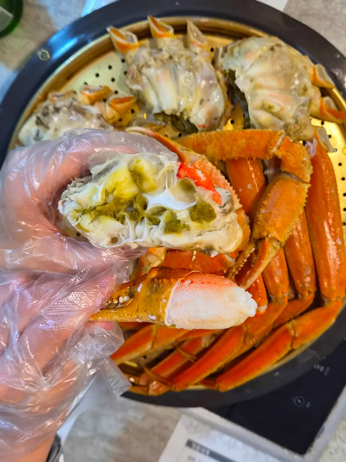 Close-up of a crab leg packed with meat